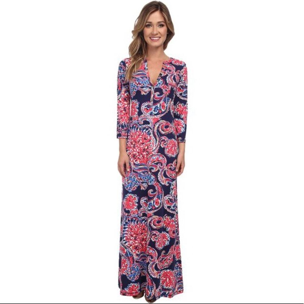 Lilly Pulitzer Alessia Halibut Pima Cotton 3/4 Sleeve Maxi Dress Women's Size XS